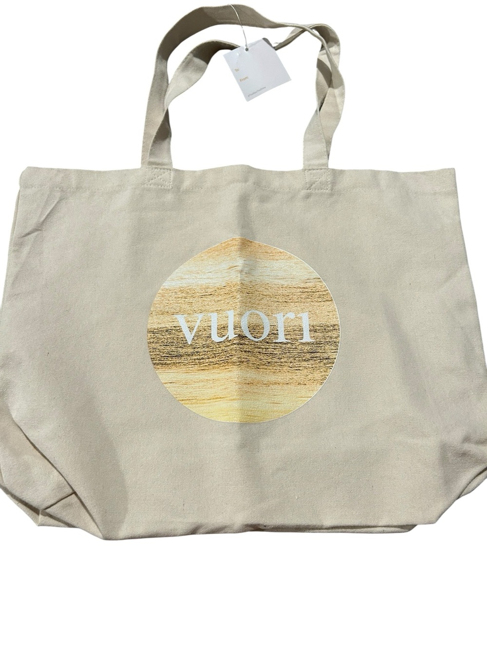 Vuori Neutral Beige Canvas Tote with Wood-Grain Logo NWT